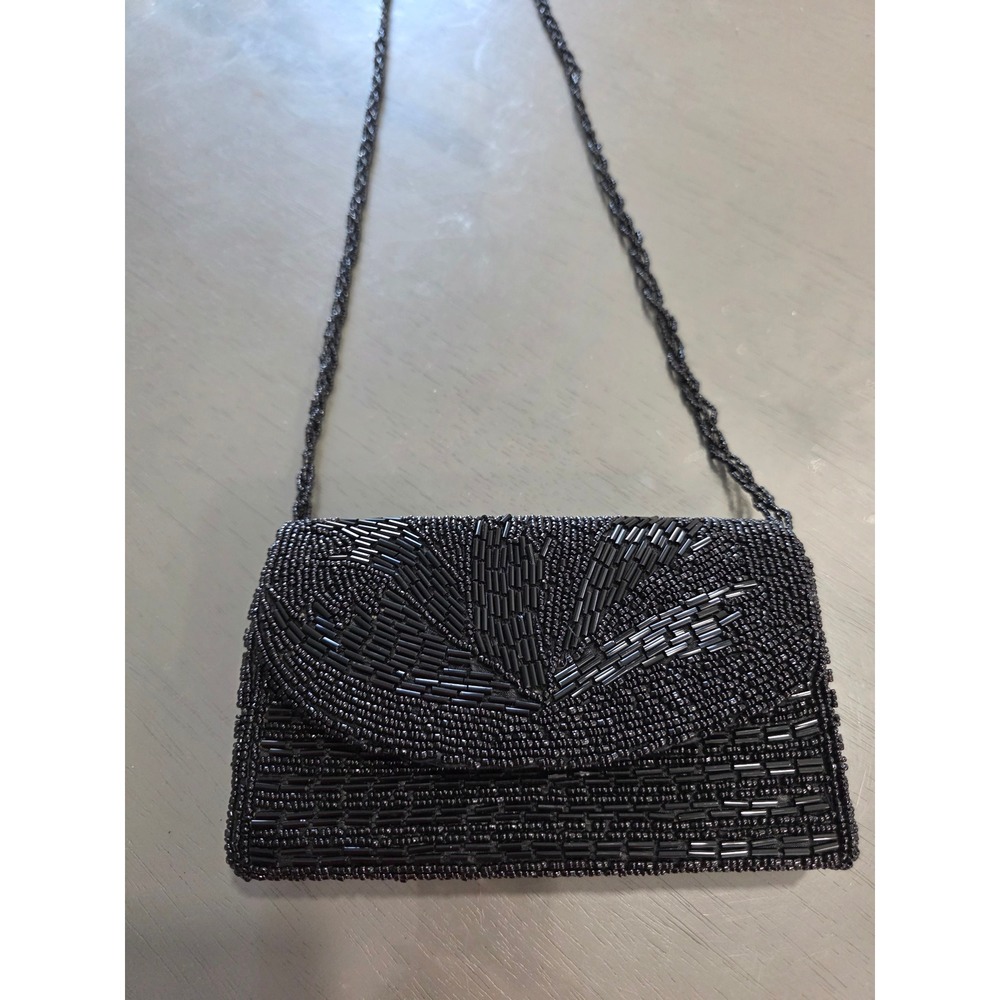 Elegant Black Beaded Clutch‎ Evening Bag Art Deco Style
